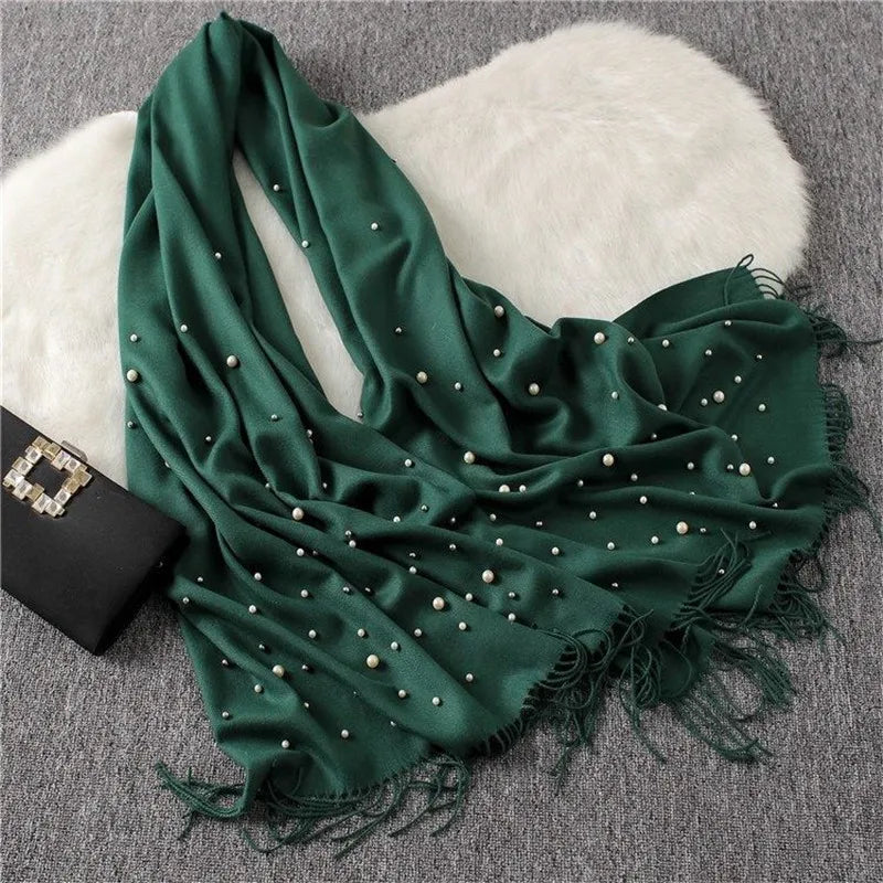 Écharpe en cachemire d'hiver 2022 avec perles, châles et étoles à pompons pour femmes, hijab long musulman, foulard en laine perlée