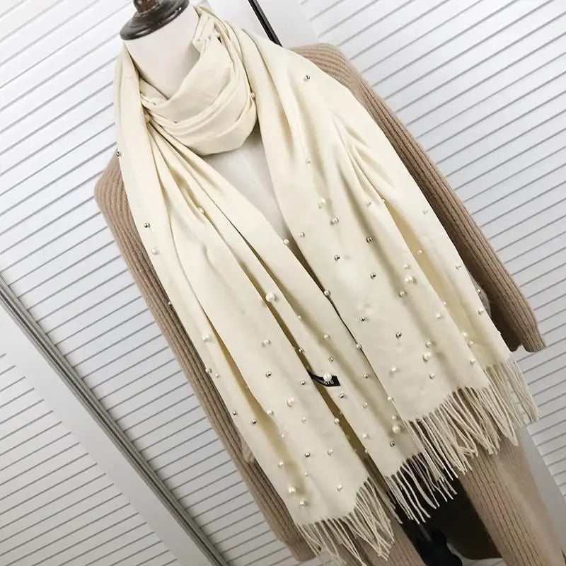 Écharpe en cachemire d'hiver 2022 avec perles, châles et étoles à pompons pour femmes, hijab long musulman, foulard en laine perlée