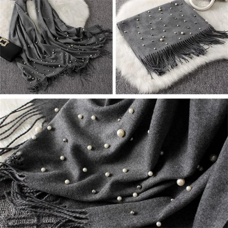 Écharpe en cachemire d'hiver 2022 avec perles, châles et étoles à pompons pour femmes, hijab long musulman, foulard en laine perlée