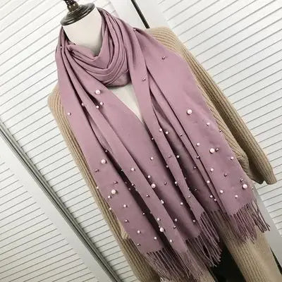 Écharpe chaude en cachemire pour l'hiver, ornée de perles, avec pompons, châle et étole pour femme, long hijab musulman, foulard, pashmina perlé
