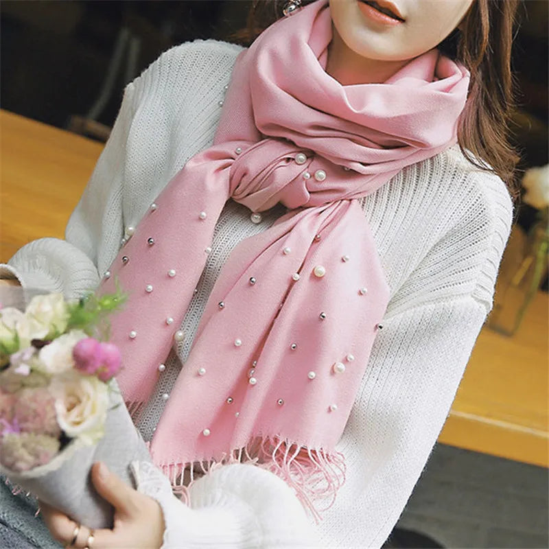 Écharpe chaude en cachemire pour l'hiver, ornée de perles, avec pompons, châle et étole pour femme, long hijab musulman, foulard, pashmina perlé