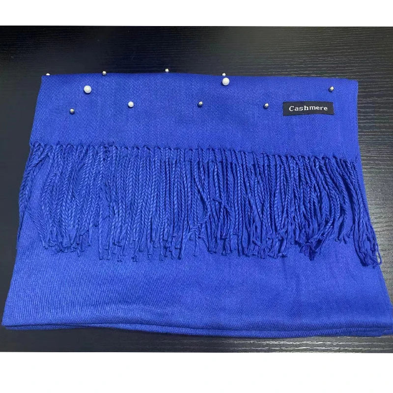 Écharpe chaude en cachemire pour l'hiver, ornée de perles, avec pompons, châle et étole pour femme, long hijab musulman, foulard, pashmina perlé
