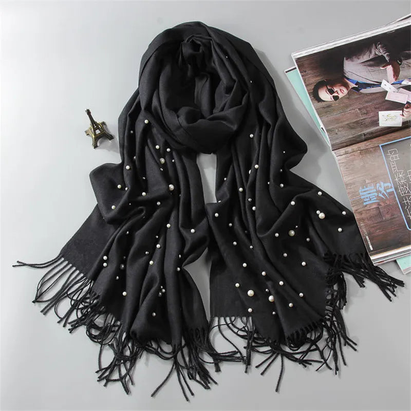 Écharpe en cachemire d'hiver 2022 avec perles, châles et étoles à pompons pour femmes, hijab long musulman, foulard en laine perlée