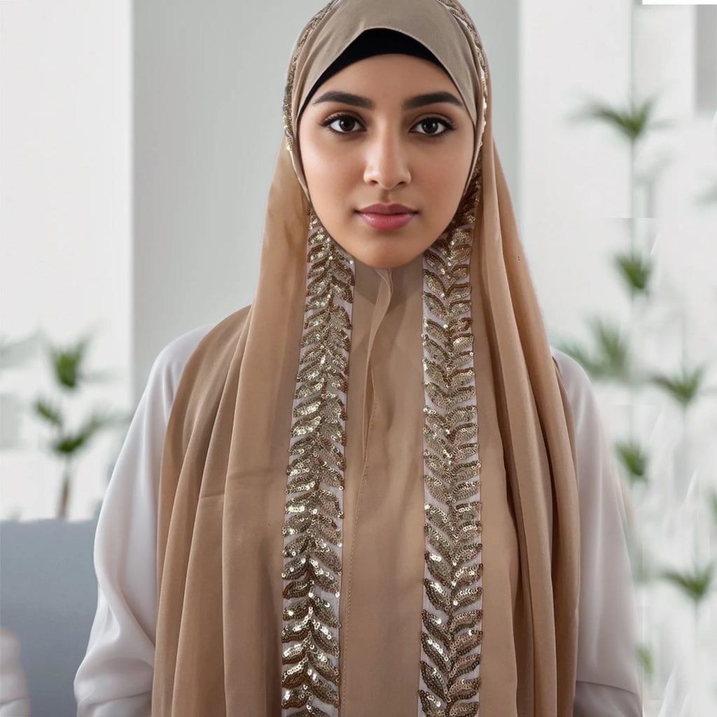 Foulard hijab en mousseline de soie orné de perles de haute qualité, style arabe, avec sequins et accessoires pour cheveux (175 x 70 cm).