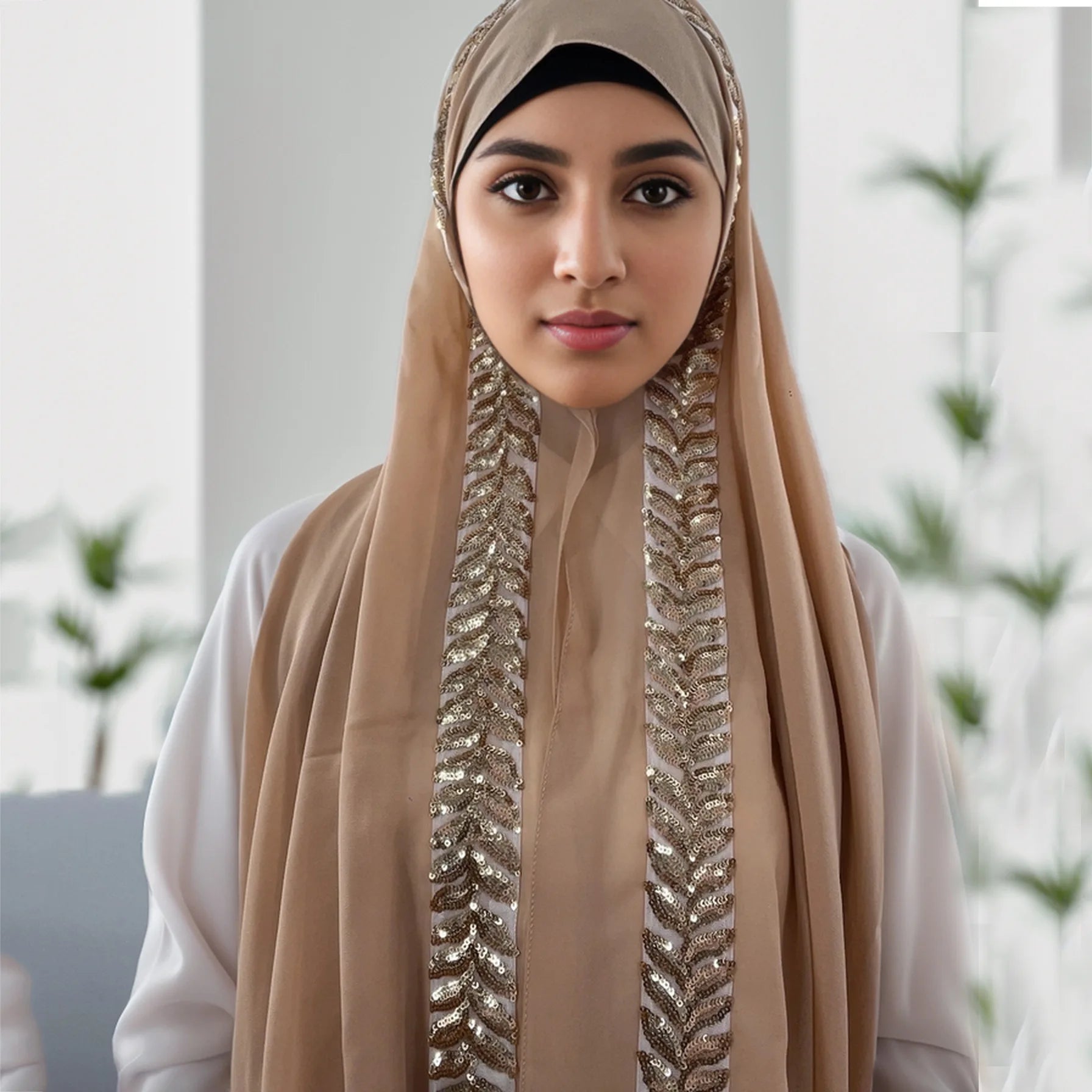 Foulard hijab en mousseline de soie orné de perles de haute qualité, style arabe, avec sequins et accessoires pour cheveux (175 x 70 cm).