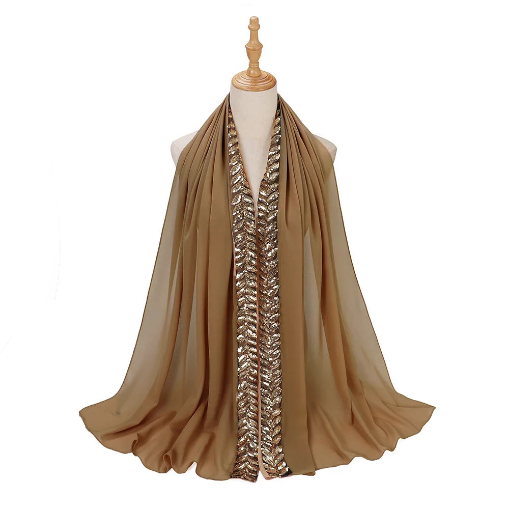 Foulard hijab en mousseline de soie orné de perles de haute qualité, style arabe, avec sequins et accessoires pour cheveux (175 x 70 cm).