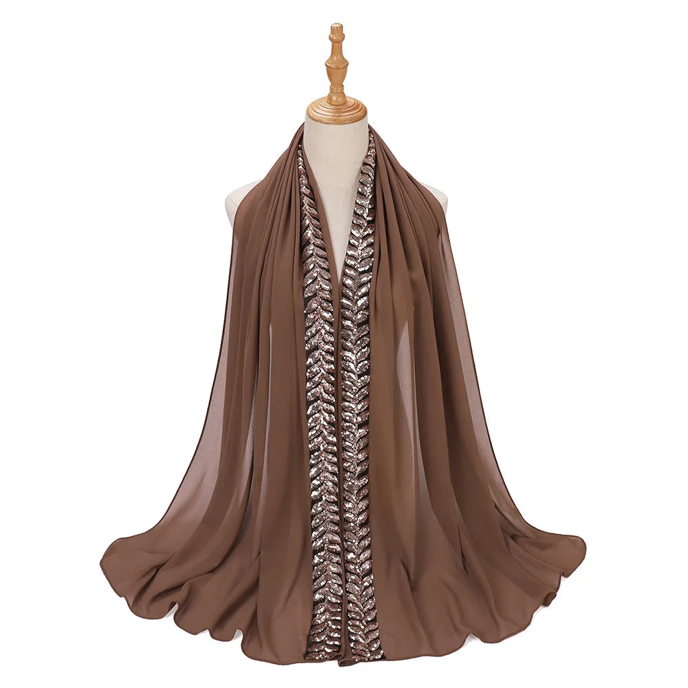 Foulard hijab en mousseline de soie orné de perles de haute qualité, style arabe, avec sequins et accessoires pour cheveux (175 x 70 cm).