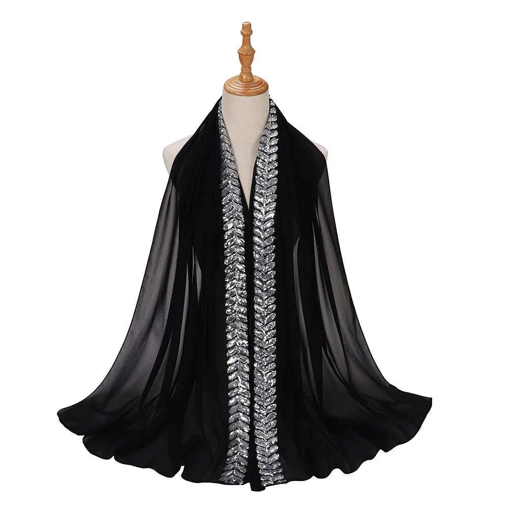 Foulard hijab en mousseline de soie orné de perles de haute qualité, style arabe, avec sequins et accessoires pour cheveux (175 x 70 cm).