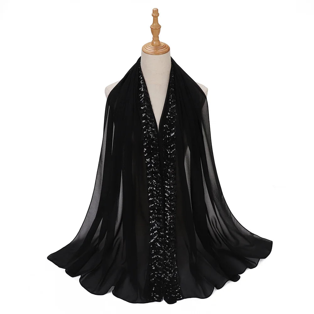 Foulard hijab en mousseline de soie orné de perles de haute qualité, style arabe, avec sequins et accessoires pour cheveux (175 x 70 cm).