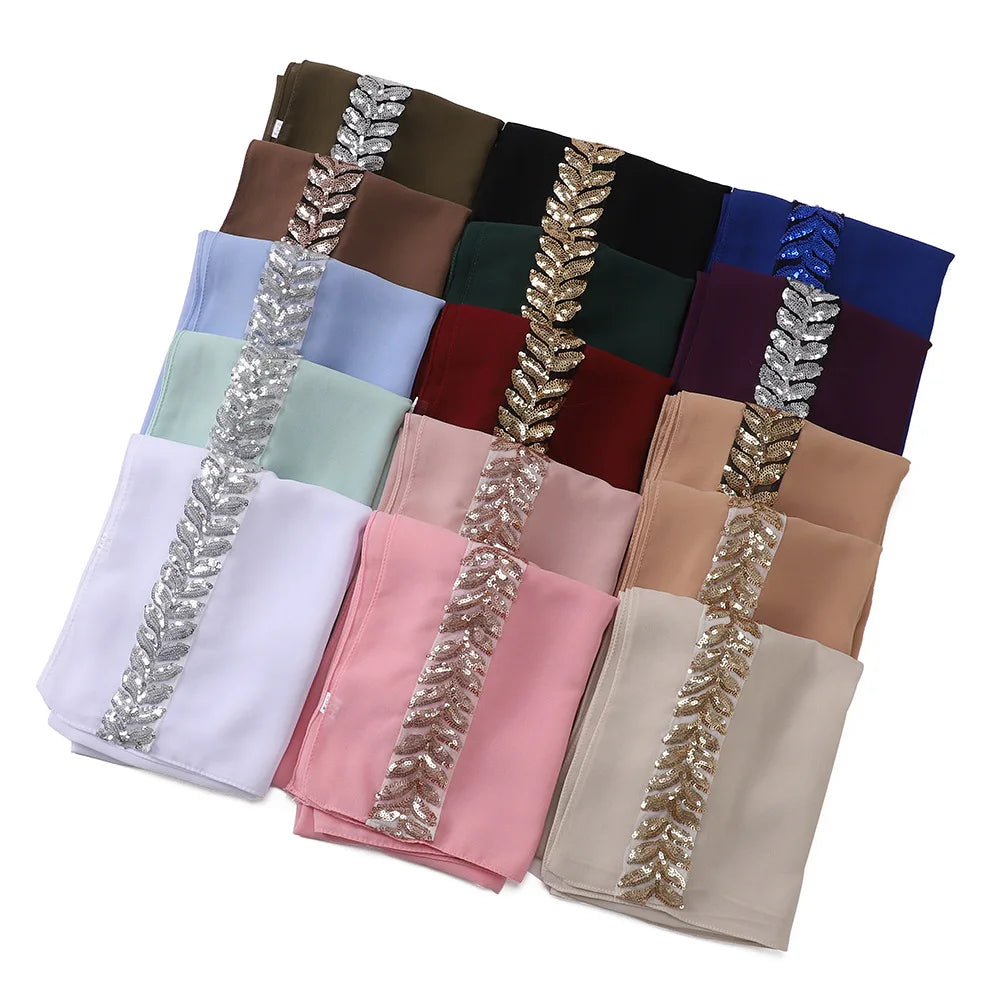 Foulard hijab en mousseline de soie orné de perles de haute qualité, style arabe, avec sequins et accessoires pour cheveux (175 x 70 cm).