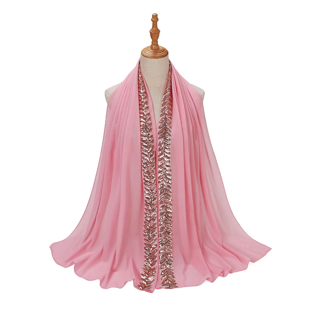 Foulard hijab en mousseline de soie orné de perles de haute qualité, style arabe, avec sequins et accessoires pour cheveux (175 x 70 cm).