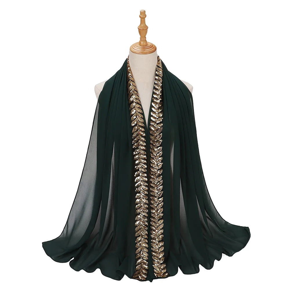 Foulard hijab en mousseline de soie orné de perles de haute qualité, style arabe, avec sequins et accessoires pour cheveux (175 x 70 cm).