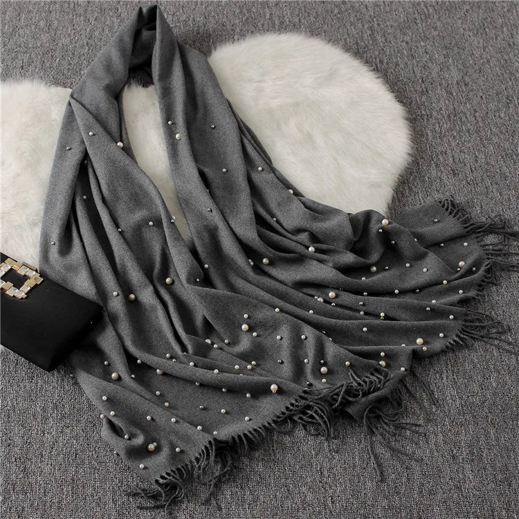 Écharpe chaude en cachemire pour l'hiver, ornée de perles, avec pompons, châle et étole pour femme, long hijab musulman, foulard, pashmina perlé