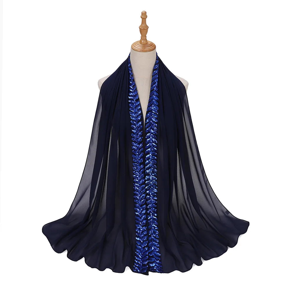 Foulard hijab en mousseline de soie orné de perles de haute qualité, style arabe, avec sequins et accessoires pour cheveux (175 x 70 cm).
