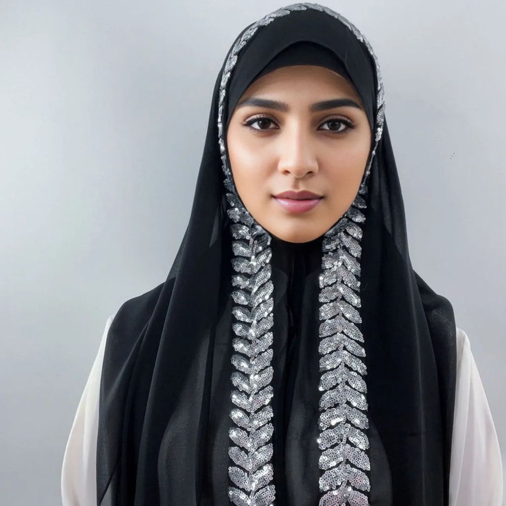 Foulard hijab en mousseline de soie orné de perles de haute qualité, style arabe, avec sequins et accessoires pour cheveux (175 x 70 cm).