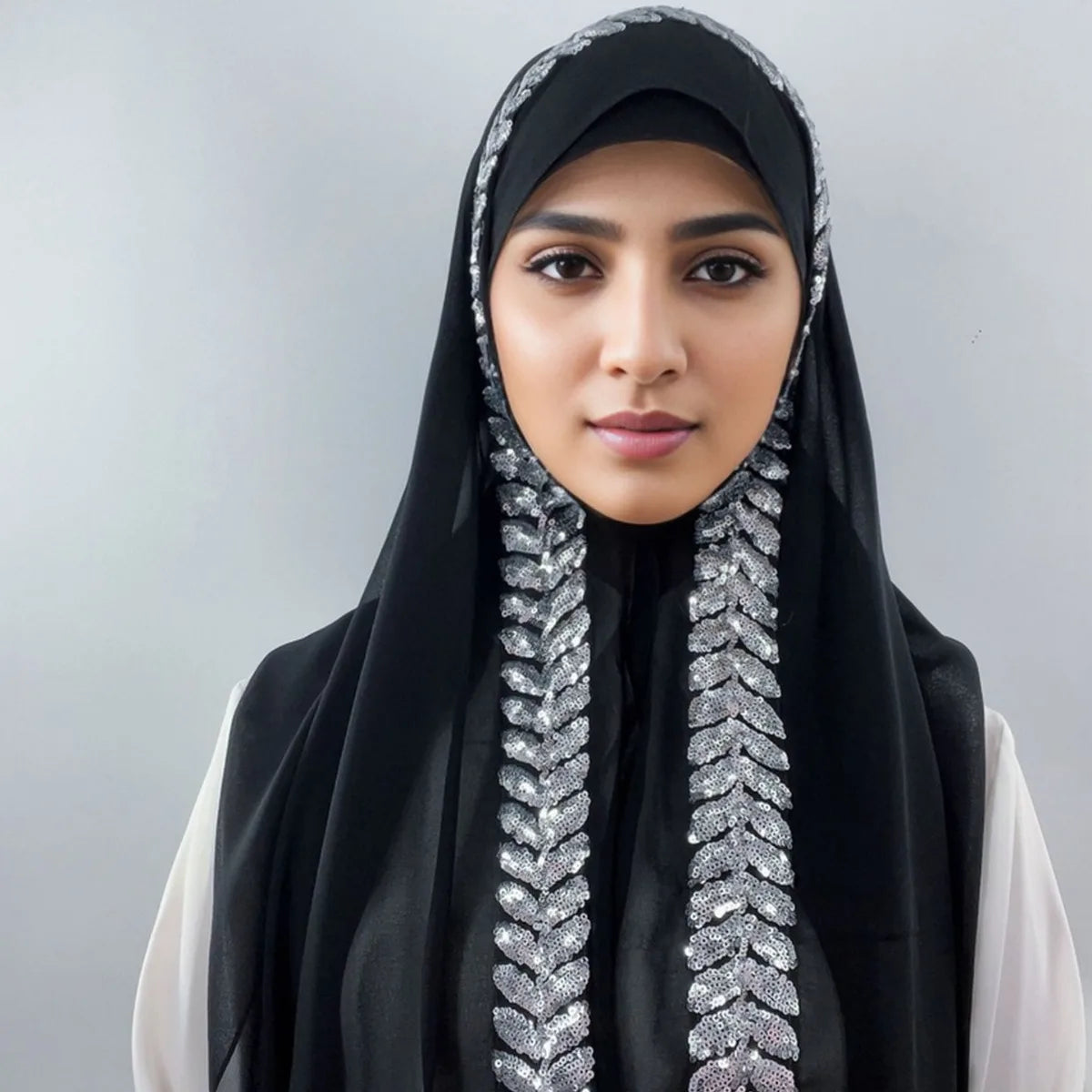 Foulard hijab en mousseline de soie orné de perles de haute qualité, style arabe, avec sequins et accessoires pour cheveux (175 x 70 cm).