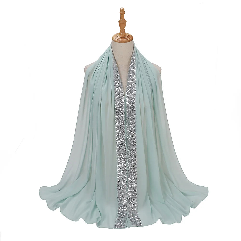 Foulard hijab en mousseline de soie orné de perles de haute qualité, style arabe, avec sequins et accessoires pour cheveux (175 x 70 cm).