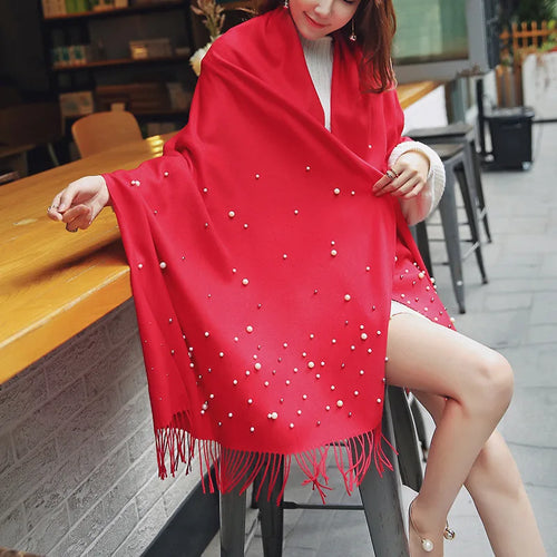 2022 Winter Cashmere Scarf with Pearls Women's Tassels Wraps and Shawls Long Muslim Hijab Foulard Femme Beading Wool Pashmina