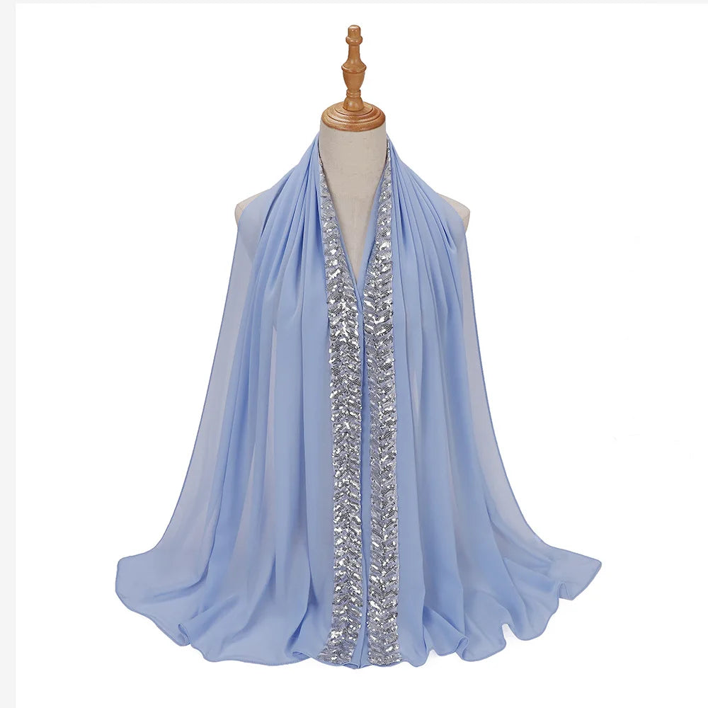 Foulard hijab en mousseline de soie orné de perles de haute qualité, style arabe, avec sequins et accessoires pour cheveux (175 x 70 cm).