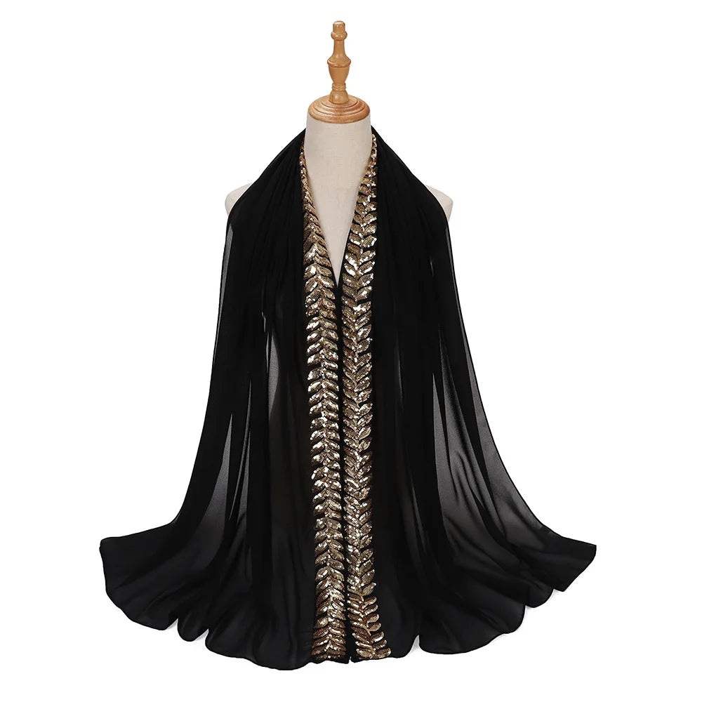 Foulard hijab en mousseline de soie orné de perles de haute qualité, style arabe, avec sequins et accessoires pour cheveux (175 x 70 cm).