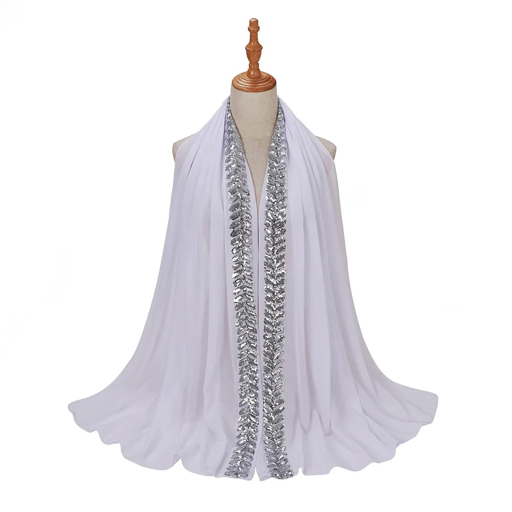 Foulard hijab en mousseline de soie orné de perles de haute qualité, style arabe, avec sequins et accessoires pour cheveux (175 x 70 cm).