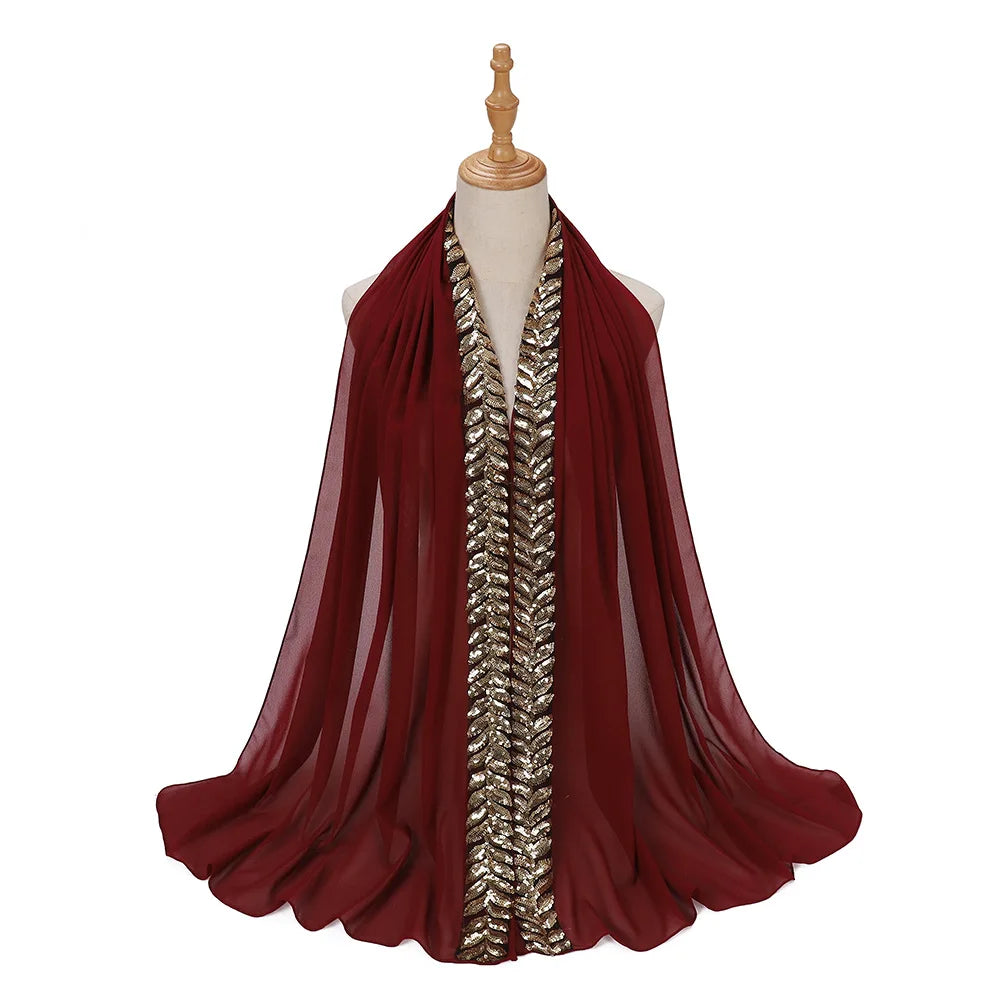 Foulard hijab en mousseline de soie orné de perles de haute qualité, style arabe, avec sequins et accessoires pour cheveux (175 x 70 cm).
