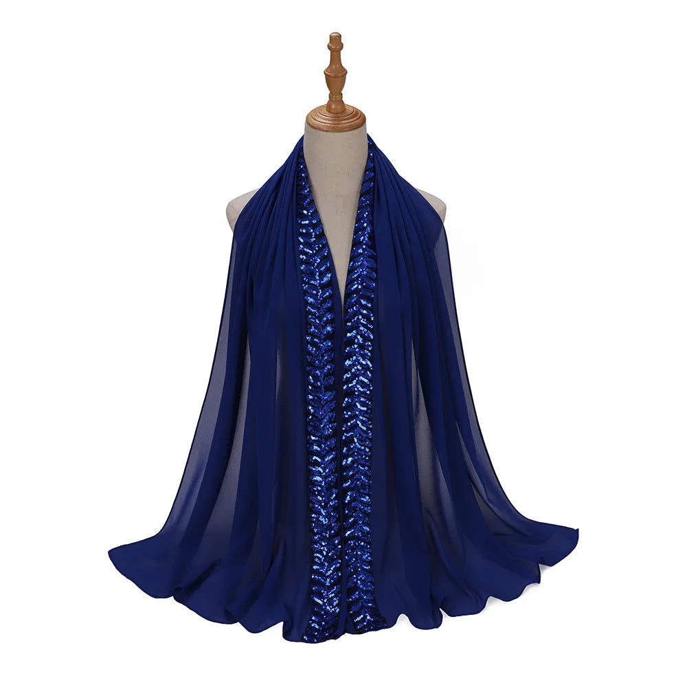 Foulard hijab en mousseline de soie orné de perles de haute qualité, style arabe, avec sequins et accessoires pour cheveux (175 x 70 cm).