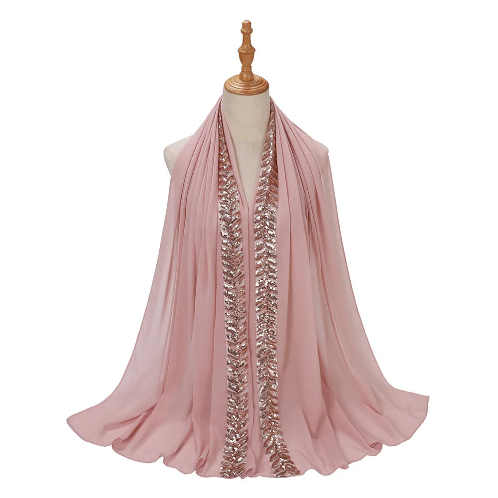 Foulard hijab en mousseline de soie orné de perles de haute qualité, style arabe, avec sequins et accessoires pour cheveux (175 x 70 cm).