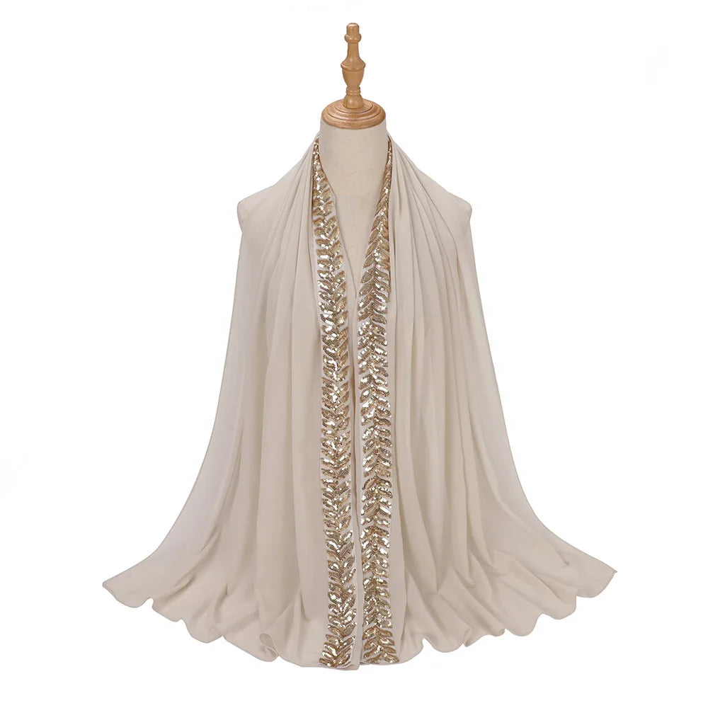 Foulard hijab en mousseline de soie orné de perles de haute qualité, style arabe, avec sequins et accessoires pour cheveux (175 x 70 cm).