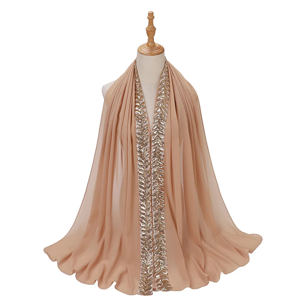 Foulard hijab en mousseline de soie orné de perles de haute qualité, style arabe, avec sequins et accessoires pour cheveux (175 x 70 cm).