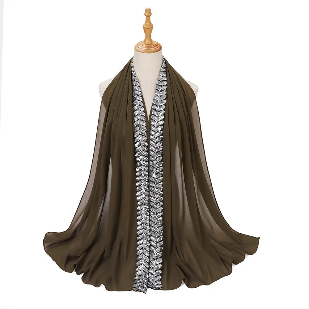 Foulard hijab en mousseline de soie orné de perles de haute qualité, style arabe, avec sequins et accessoires pour cheveux (175 x 70 cm).