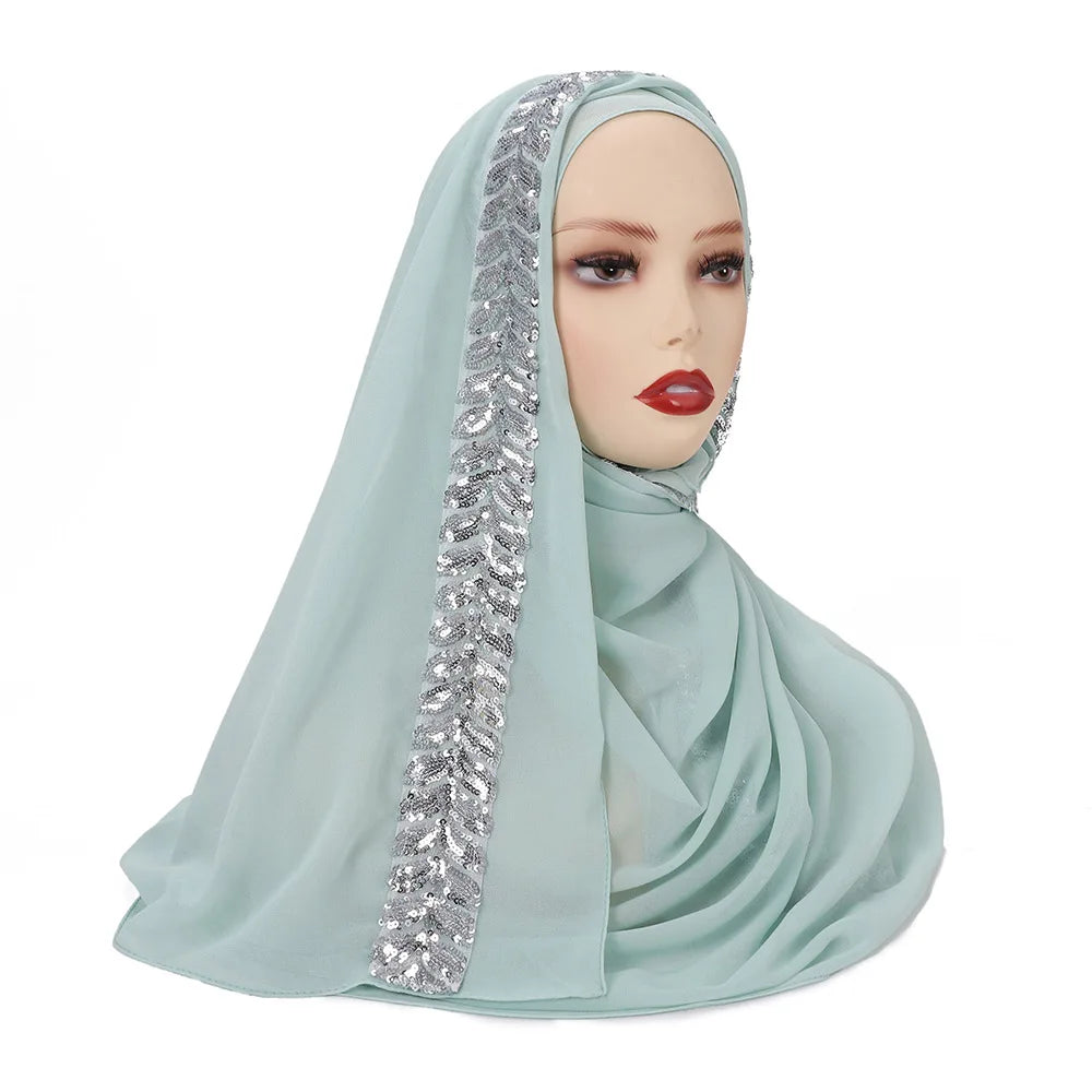 Foulard hijab en mousseline de soie orné de perles de haute qualité, style arabe, avec sequins et accessoires pour cheveux (175 x 70 cm).