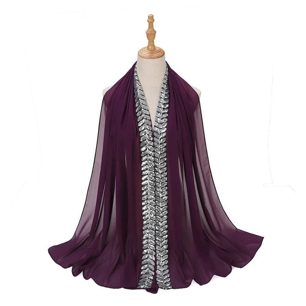 Foulard hijab en mousseline de soie orné de perles de haute qualité, style arabe, avec sequins et accessoires pour cheveux (175 x 70 cm).