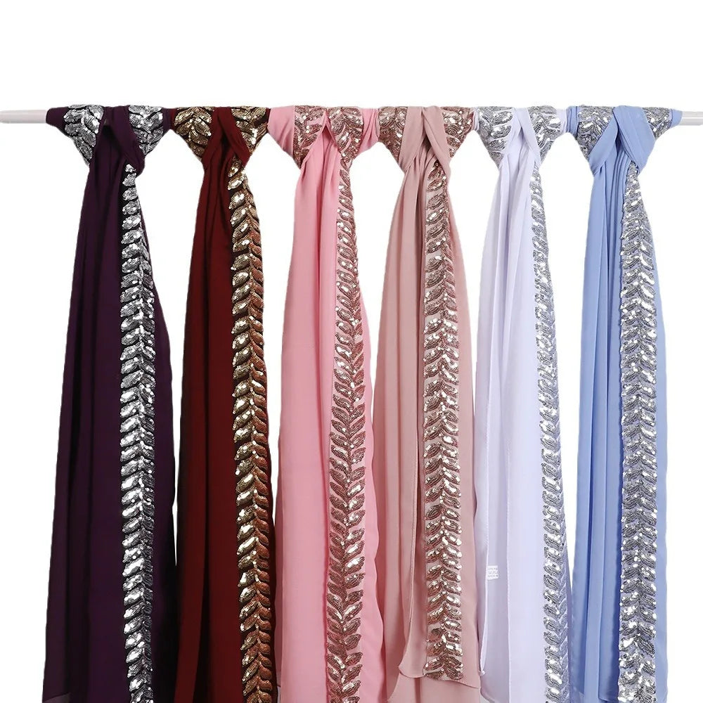 Foulard hijab en mousseline de soie orné de perles de haute qualité, style arabe, avec sequins et accessoires pour cheveux (175 x 70 cm).