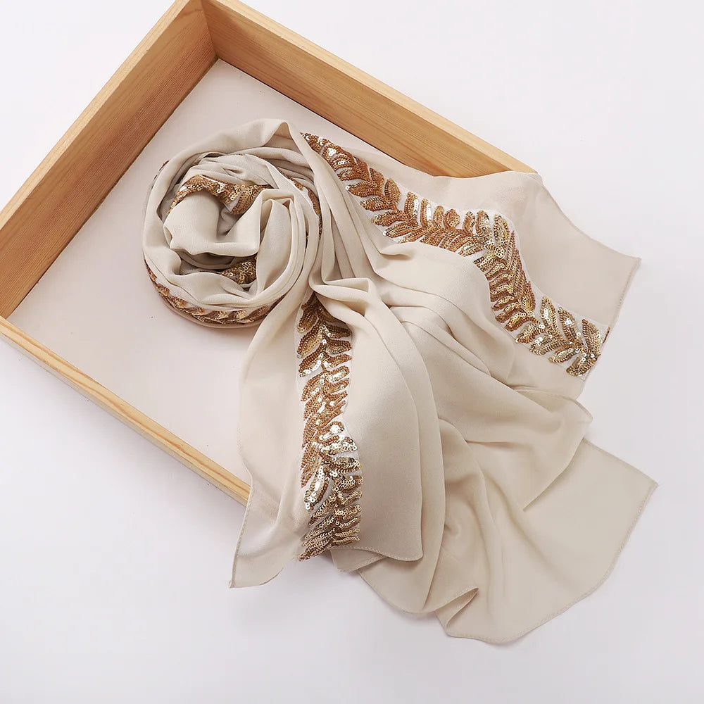 Foulard hijab en mousseline de soie orné de perles de haute qualité, style arabe, avec sequins et accessoires pour cheveux (175 x 70 cm).
