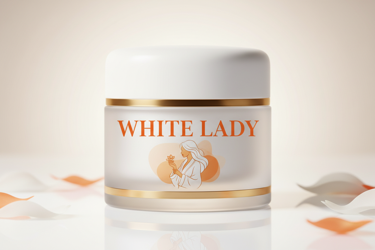 FAIT MOI UNE BOITE DE CREME CORPORREL OU IL Y'AURA ECRIT DESSUS WHITE LADY AVEC LA COULEUR BLANCHE ORANGE PUIS UNE FILLE EN PEIGNOIR DESSUS